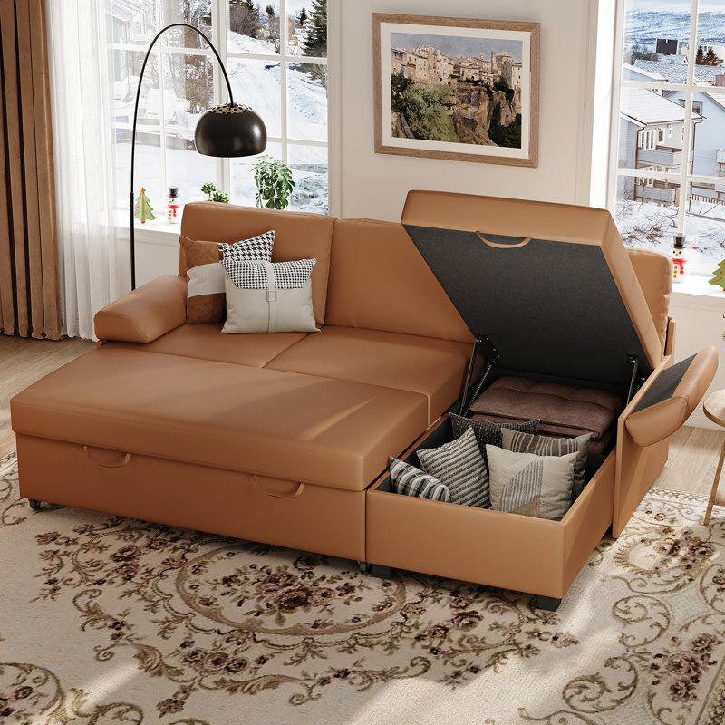 80" Wide Sleeper Sectional with Pull-Out Bed and Storage Chaise, Brown Faux Leather