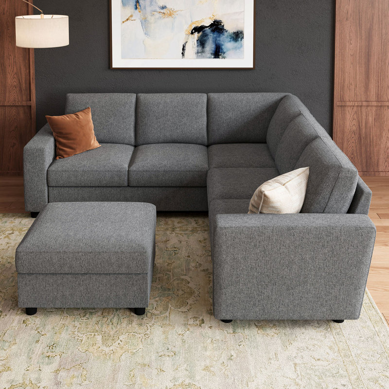 Canapé modulaire en U avec repose-pieds Abramson, H 33,9 po x l 79,9 po x P 79,9 po, Polyester gris