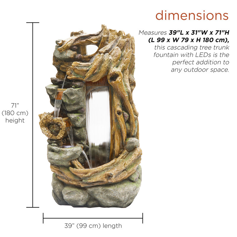 Cascading Tree Trunk Fountain with LED Lights