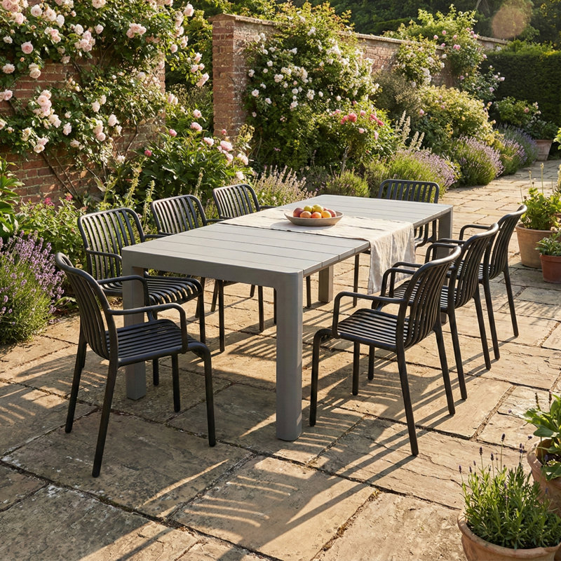 Seine 8 - Person Plastic Patio Dining Set Rectangular Table, Black/Grey