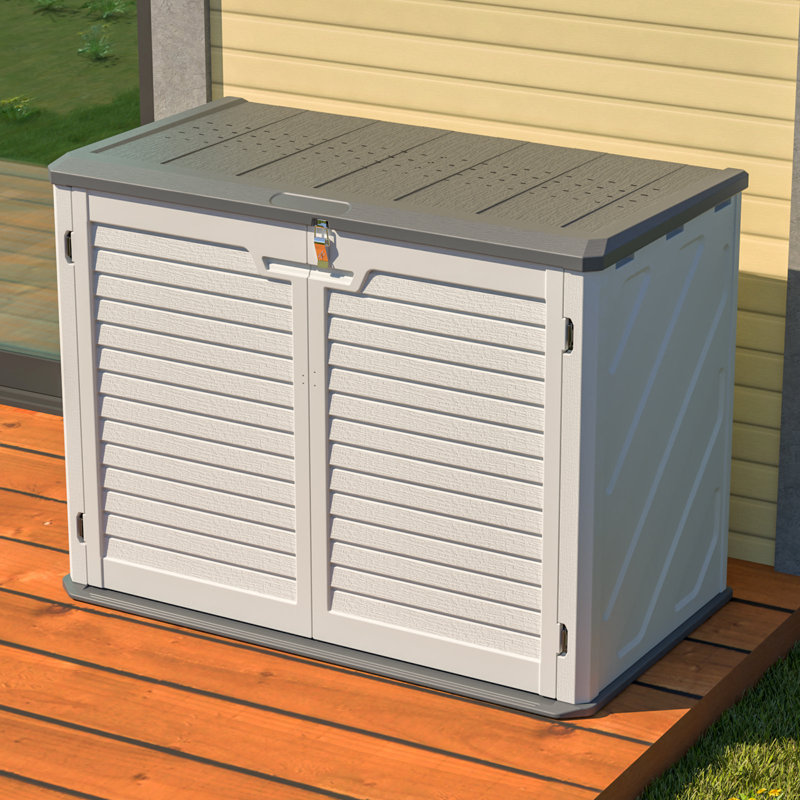 Résistance aux intempéries avec remise horizontale, grande armoire de rangement extérieure verrouillable, unité de rangement en plastique PEHD épais pour les cours, le patio et le jardin (28 pieds cubes)
