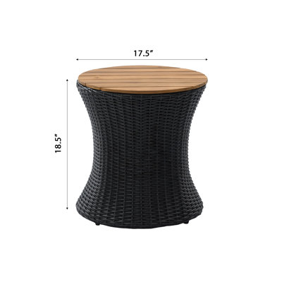 Azure Modern Coastal 17.5" Round Patio End Table with Wood Top & PE Wicker Hourglass Base