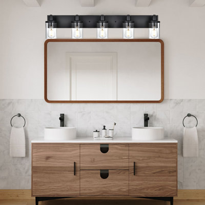 Luminaire de meuble-lavabo noir mat 5 lumières avec abat-jour en verre transparent, applique murale industrielle à intensité variable moderne, fixation haut / bas pour miroir de salle de bain, salon, chambre à coucher