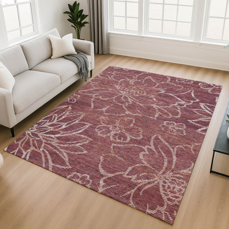 Tapis floral intérieur / extérieur lavable à la machine Chantille ACN2789, Aubergine, 8 pi x 10 pi