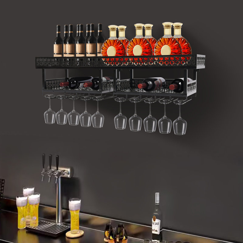 Support à vin mural en métal 2 couches Vintage, Noir, H 11,81 po x l 47,2 po x P 12,2 po