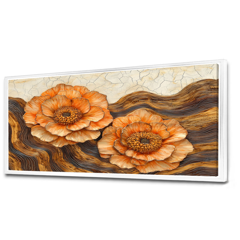 Automne fleurs de souci sur glissoire en bois II - Art mural souci pour le salon, H 28 po x l 60 po, Blanc