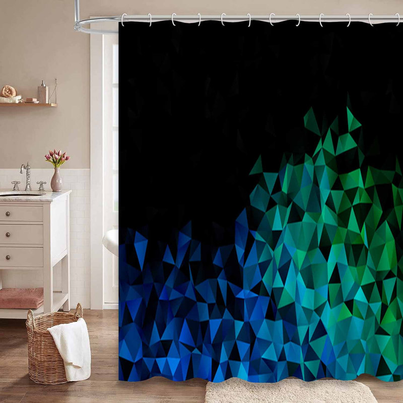 Rideau de douche triangulaire bleu clair et vert brillant avec 12 crochets, L 72 po x l 72 po