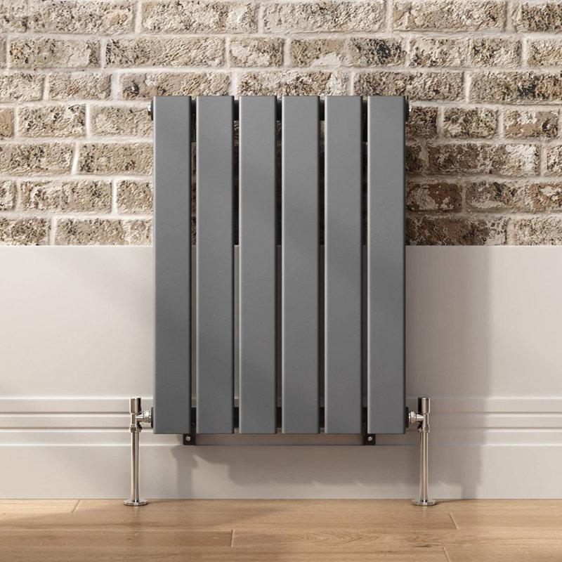 iBathUK Belgravia Horizontal Single Slim Flat Panel Radiator Angled Valve, Grey, 600cm H x 456cm W x 52cm D