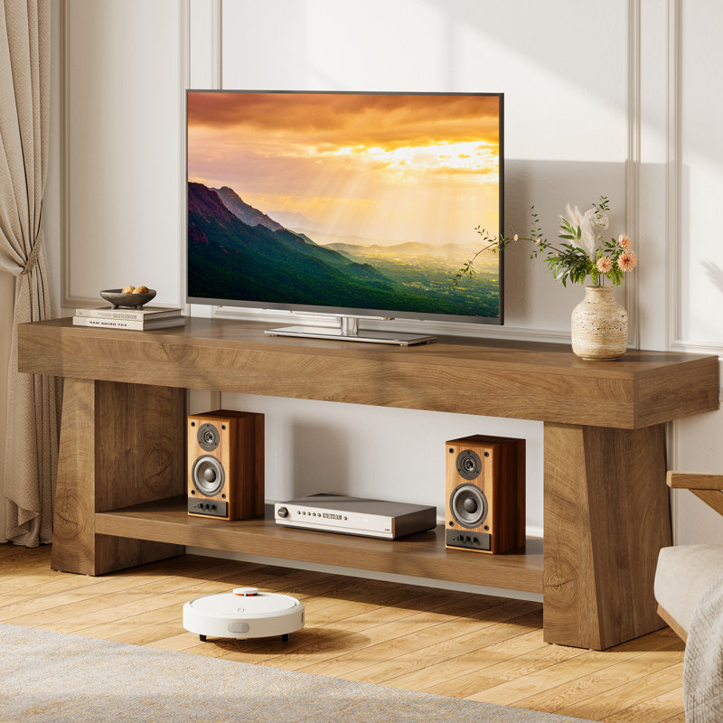 Meuble télé de 63 po pour téléviseur de 75 po ou moins avec 2 tablettes de rangement, console multimédia pour la campagne et centre de divertissement pour le salon et la chambre à coucher