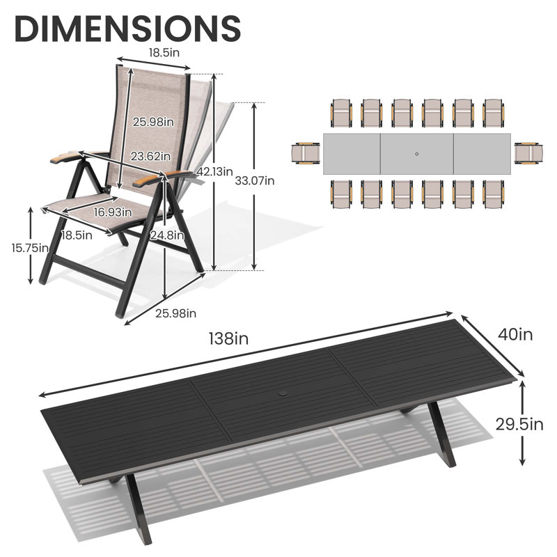 Ensemble repas pour 14 personnes en aluminium avec fauteuils pliables réglables