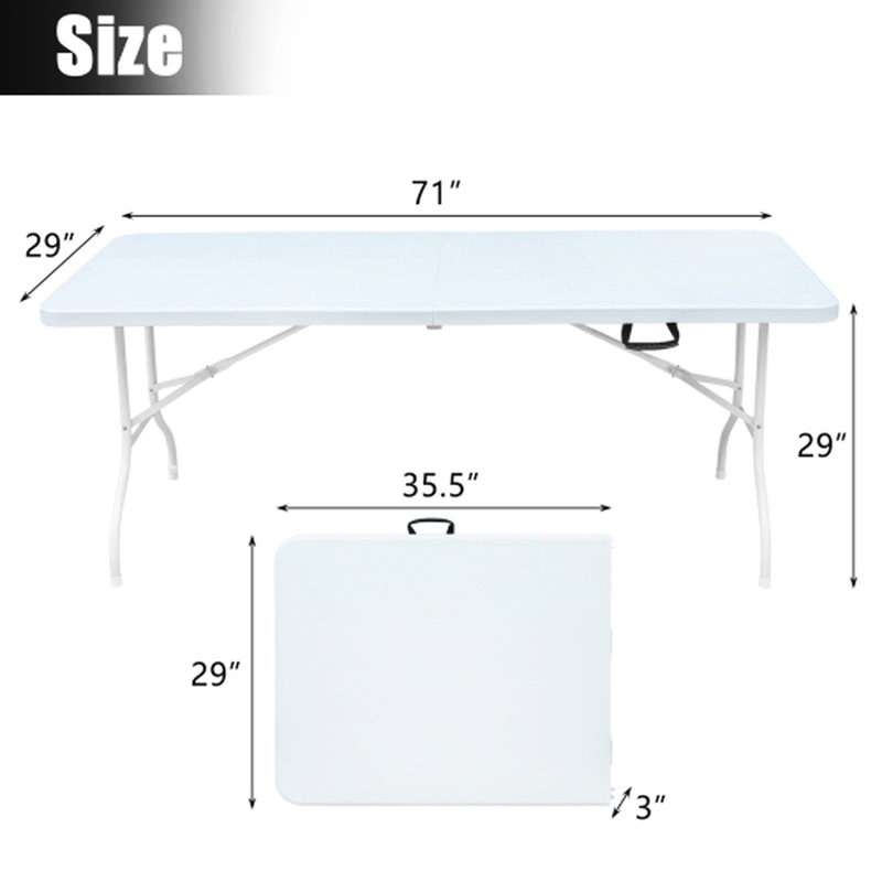 Table pliante portative en plastique 6 pi pour le camping, les pique-niques, les fêtes. Haute portance. Surface lisse et imperméable. Structure triangulaire stable. Trois hauteurs polyvalentes. Léger, pliable