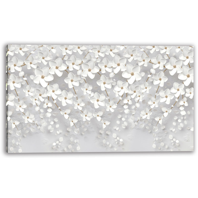 Art mural en toile blanche avec cascade de pétales blancs, H 12 po x l 16 po x P 1 po