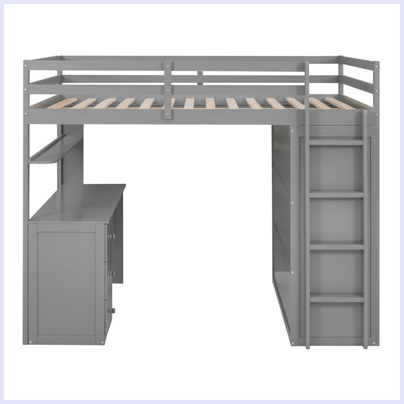Lit mezzanine moderne avec tiroirs, bureau et garde-robe, Gris, Complète
