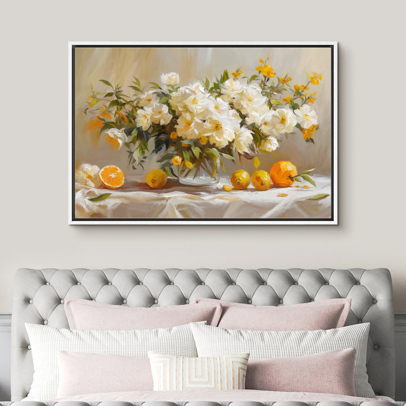 Fleur, pastel, aquarelle, orange clair, bouquets de fleurs encadrées, images de salon, H 24 po x l 36 po, Cadre blanc