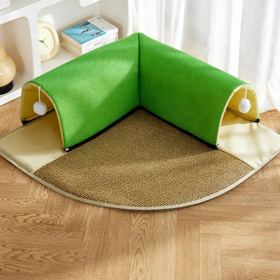 Lit d'angle pour lit de chat avec tapis rafraîchissant de coin, grande maison de jeu 2-en-1 intégrée pour animaux de compagnie avec protection anti-égratignures, tente de jeu pliable à double entrée pour les petits chats d'intérieur
