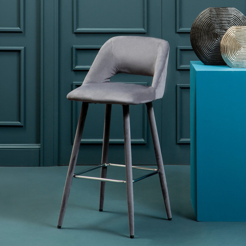 Upholstered Counter Stool with Metal Frame, Grey, Grey