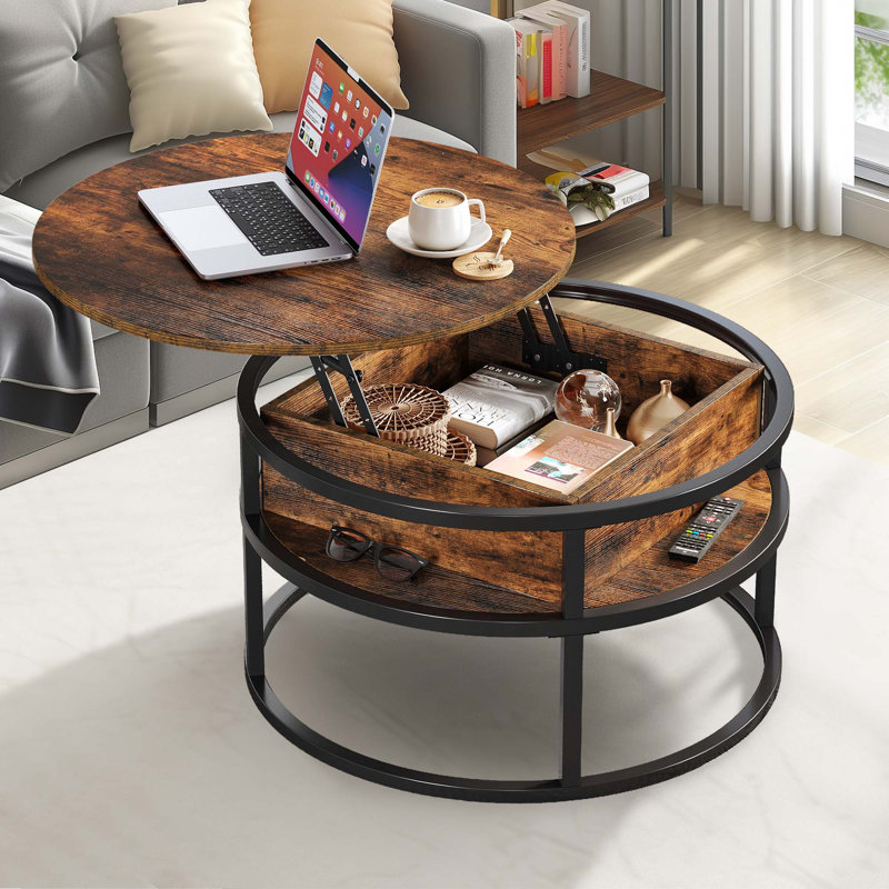 Rothwell 31.5"W Lift Top Extendable Round Frame Coffee Table with Storage, Deep Brown, Black