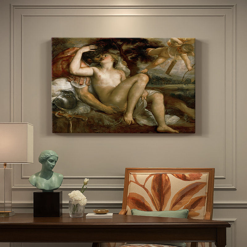 Mars, Vénus et Cupidon-Titien-Toile tendue avec châssis-c. 1530, 32 x 48