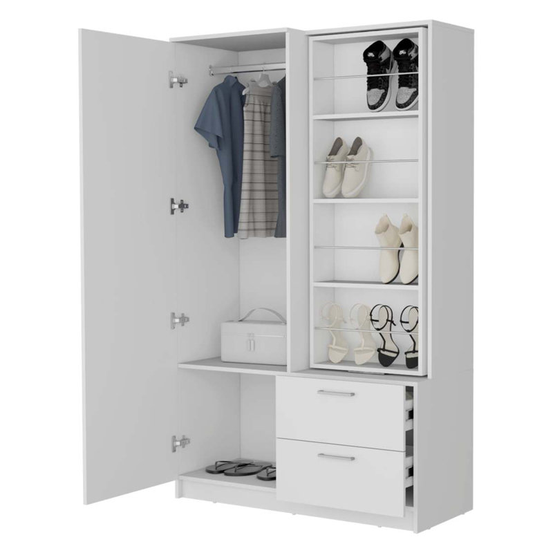 Armoire blanche avec rangement ouvert et 2 tiroirs
