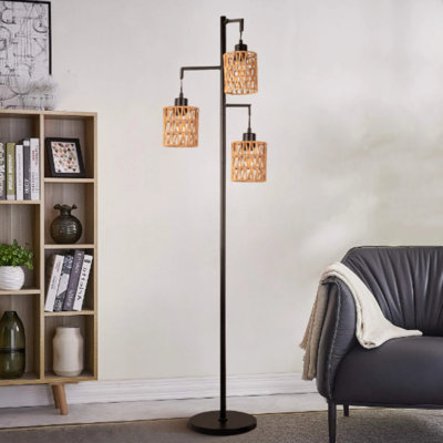 Lampe sur pied en rotin bohémien - Lampe sur pied réglable avec abat-jour en cage