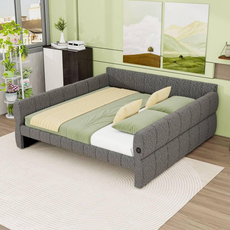 Upholstered Daybed Frame with USB Ports, Gray