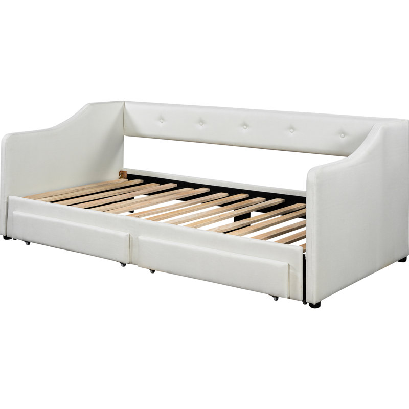 Expandable, Twin Xl To King, Beige, Upholstered Daybed, Two Drawers, Optimal Comfort For Back And Arms, No Spring Box Stylish Buttoned Design On Drawer, Foam Padding