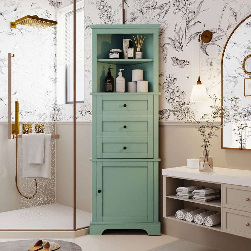 Green Triangle Tall Cabinet With 3 Drawers And Adjustable Shelves For Bathroom, Green