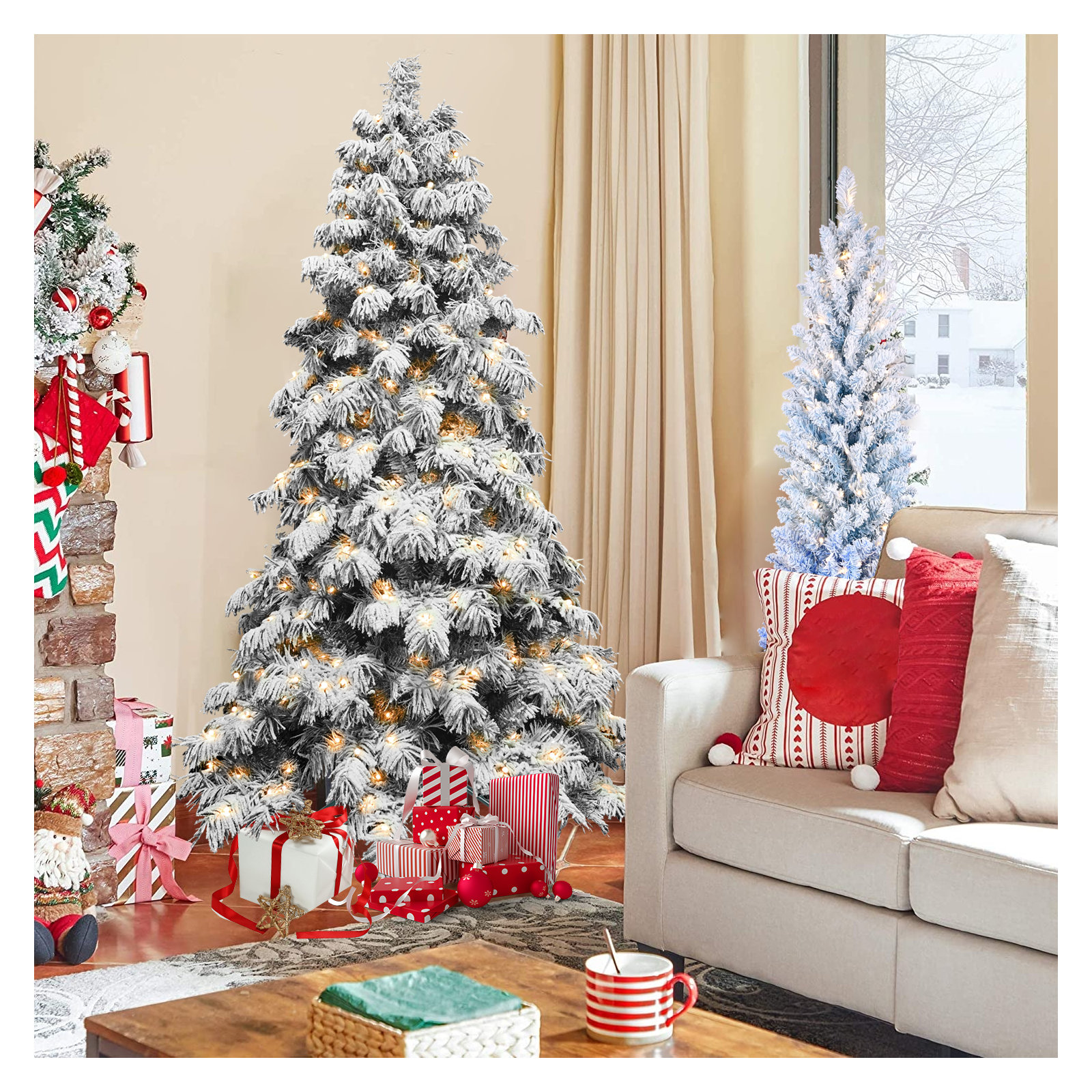 Pre-Lit Snow Flocked Christmas Tree with PVC Branches, LED Lights, Foldable Metal Base, 7'