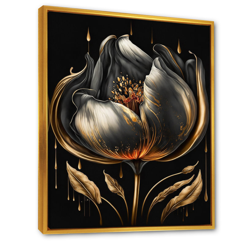 Tulipe noire et dorée - art mural encadré, H 20 po x l 12 po x P 1 po, Cadre flottant doré