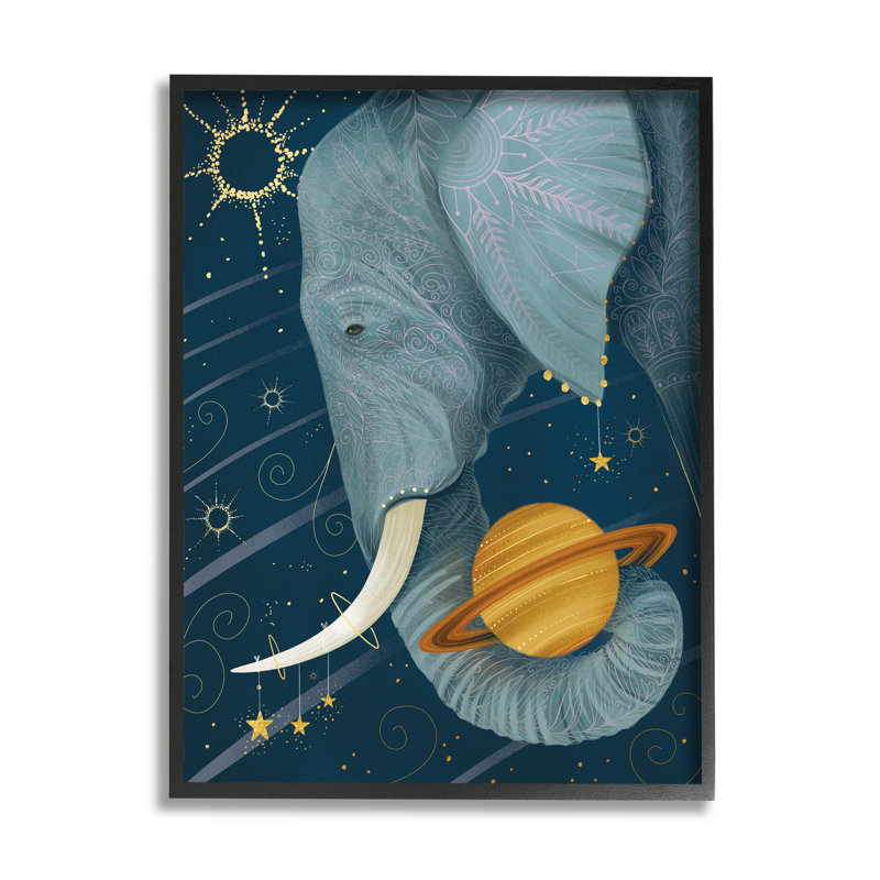 Constellations extra-terrestres, éléphant tenant Saturne, Giclée encadrée noir minuit, H 30 po x l 24 po x P 1,5 po