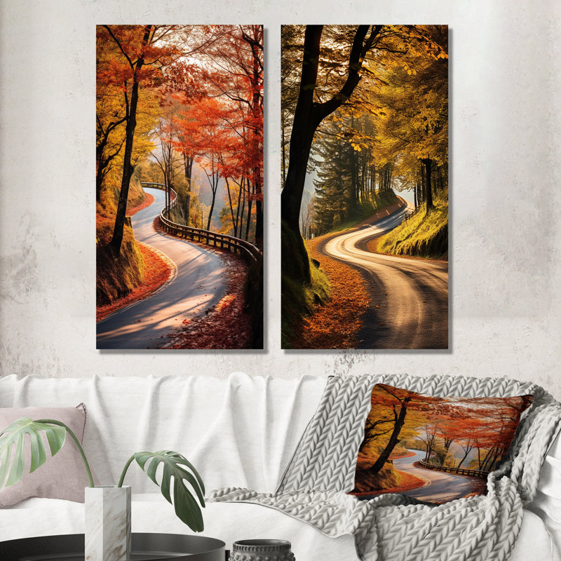 «Autumn's Embrace Road Path Into The Forest I», ensemble de 2 reproductions d'art en métal sur route, H 32 po x l 32 po
