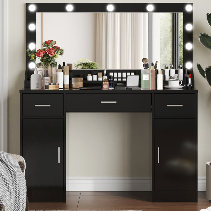 47.09-Inch Makeup Vanity For , Black, Particle Board, 3 Colour Lighting Modes, Adjustable Brightness, Drawers, 2 Vertical Cabinets, Fast Install, Finish Vanity, Simple Build, Tidy Station