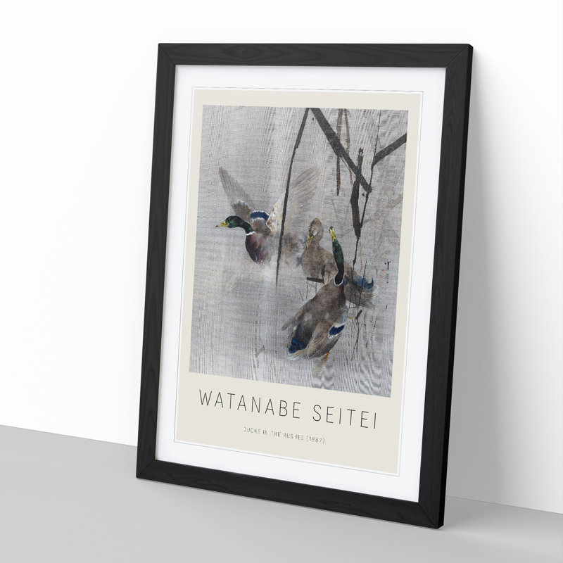 Ducks In The Rushes by Watanabe Seitei - Single Picture Frame Print, Black Framed, 65cm H x 48cm W x 2cm D
