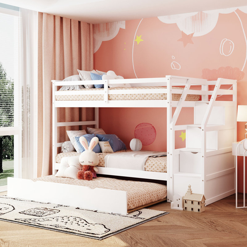 Twin Over Twin Bunk Bed with Trundle, Storage Staircase and Solid Wood Frame for Kids Bedroom, White