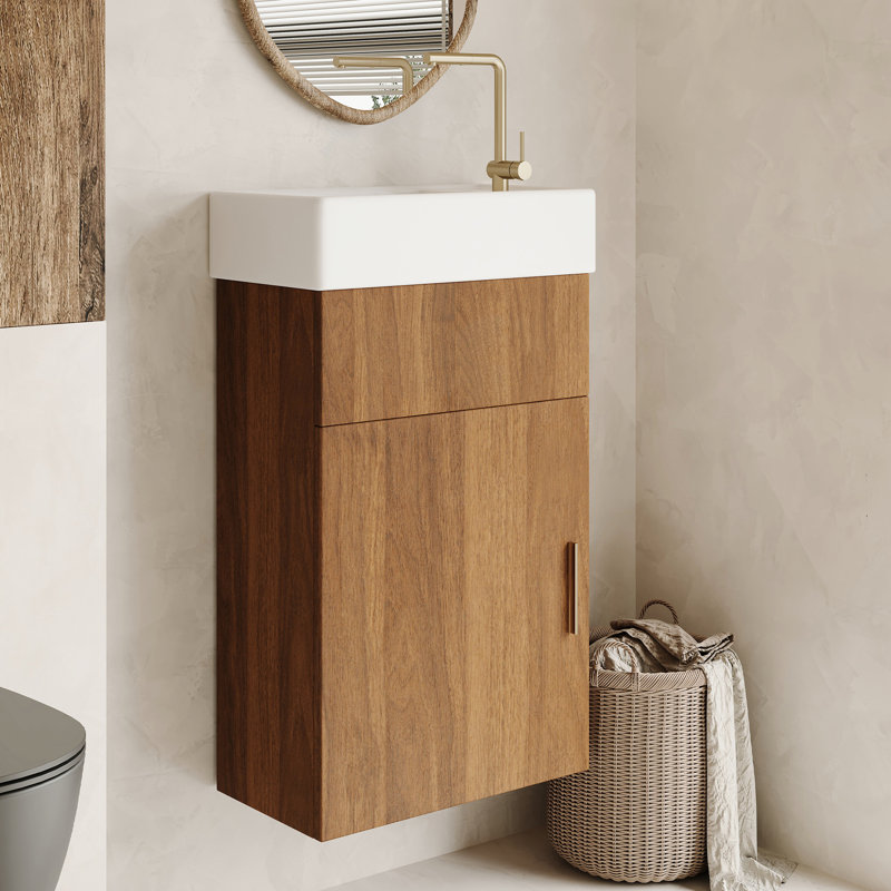 Meuble-lavabo flottant moderne de 16,5 pouces avec rangement, poignée en or rose et porte à fermeture en douceur, convenant aux conduites compactes avec drain de taille réglable Mid-Century, optimisation de l'espace de porte