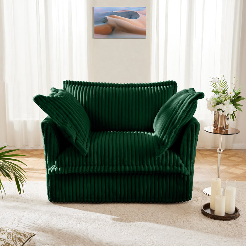 Slip-covered Armchair With 1 Big Back Cushion And 2 Big Toss Pillows, Single Deep Seat Comfy Single Couch Sofa Multiple Large Soft Pillows, Corduroy Fabric