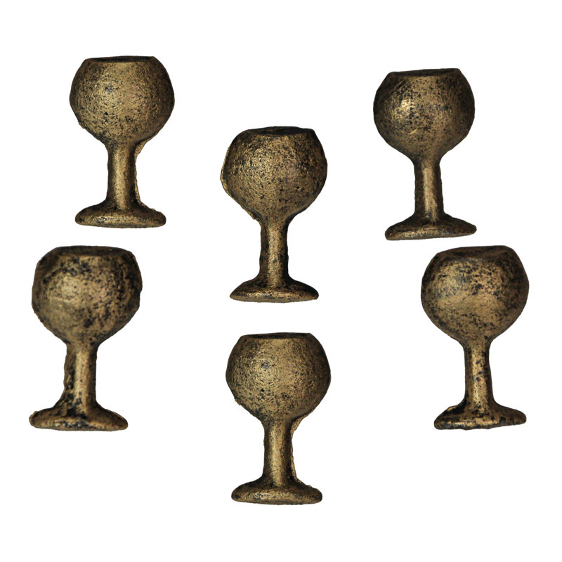 Antique silver finish cast iron wine glass drawer pulls and cabinet knobs, set of 6 — 1" W x 1" D x 1.75" H, Gold