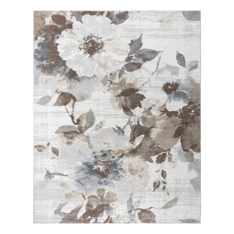 Gray Floral Patterned Synthetic 5' x 7' Area Rug