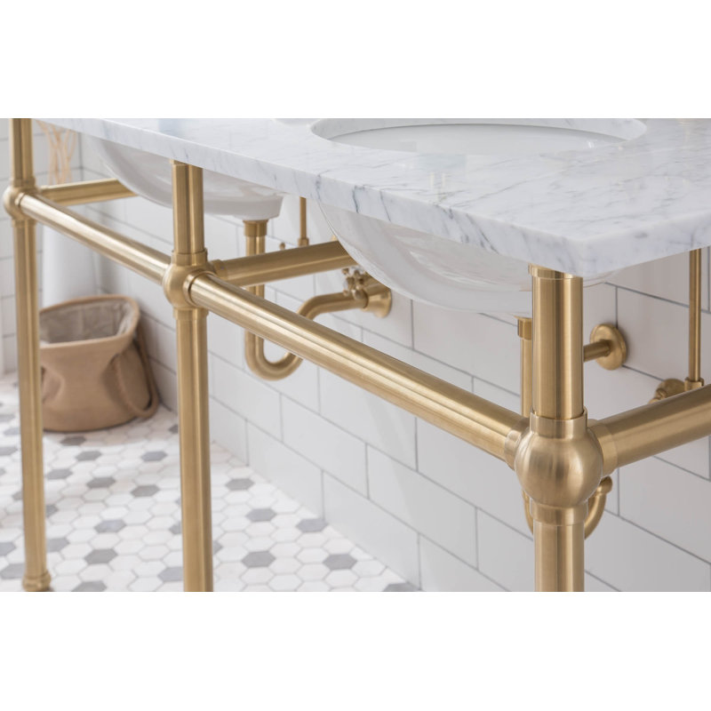Embassy Stone Oval Console Bathroom Sink with Faucet and Overflow, Satin Brass