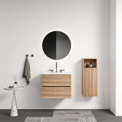 Wall Mounted Bathroom Vanity With Ceramic Sink, Natural Wood Tones, 3D Grooved Drawers, And Eco-Friendly Boards For Modern Homes