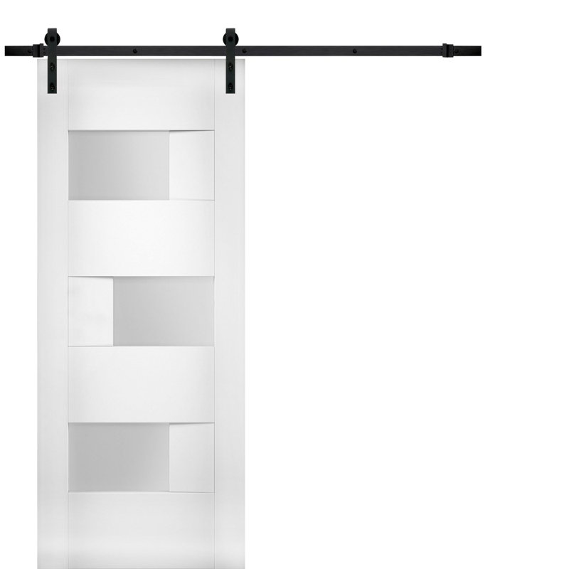Porte de grange blanche en verre givré Sete avec trousse de quincaillerie d'installation, Noir, 24 po x 84 po
