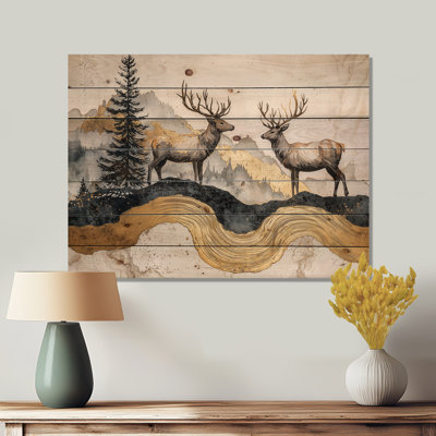 Paysage doré de cerf doré dans la forêt V - Décoration murale animal en bois de cerf - sur bois de pin naturel