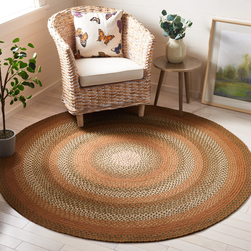 Braided Flat Weave Cotton/Others Striped Rug in Brown/Ivory, Round 4'