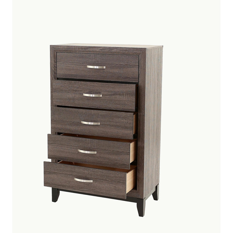 Bedroom Furniture Rustic Grey Oak Simple 1pc Tall Chest 5-Drawers Storage Solidwood Chest