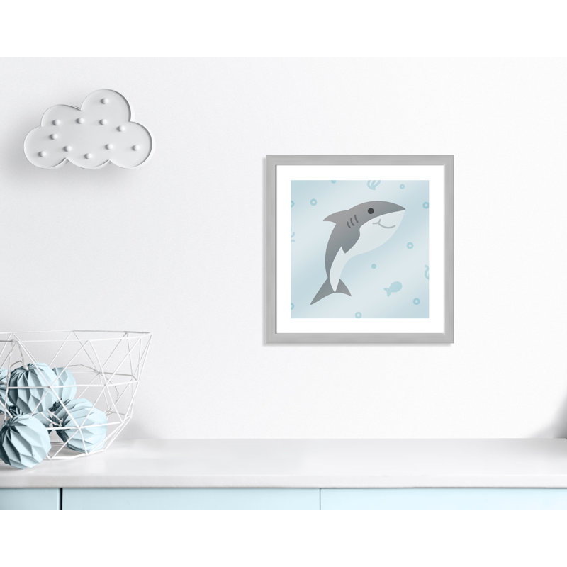 «Happy Shark», impression sur papier, H 8 po x l 8 po x P 0,6 po, Encadré plat argent
