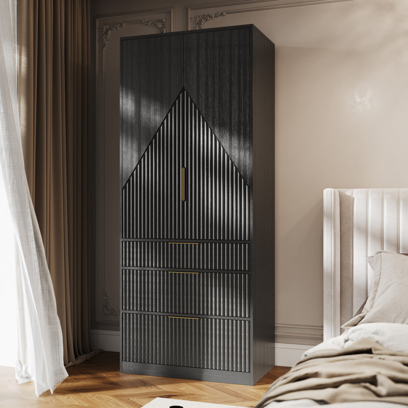 Armoire 2 portes avec 3 grands tiroirs et rangement caché, Noir