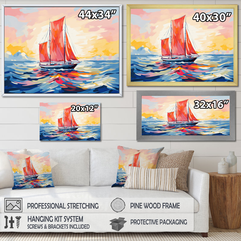 Coucher de soleil sur un bateau à voile III - bateau à voile, art mural, Cadre flottant brun, H 16 po x l 32 po x P 1 po