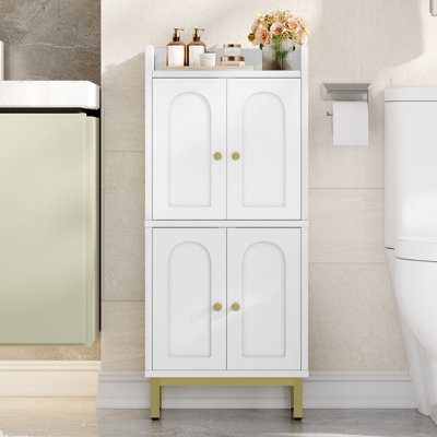 Bathroom Storage Cabinet, Slim Bathroom Floor Cabinet with 4 Door and Adjustable Shelf, Wooden Freestanding Storage Unit for Dining Kitchen Living Room 