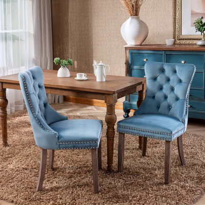 High-End Tufted Solid Wood Contemporary Velvet Upholstered Dining Chair With Wood Legs Nailhead Trim 2-Pcs Set