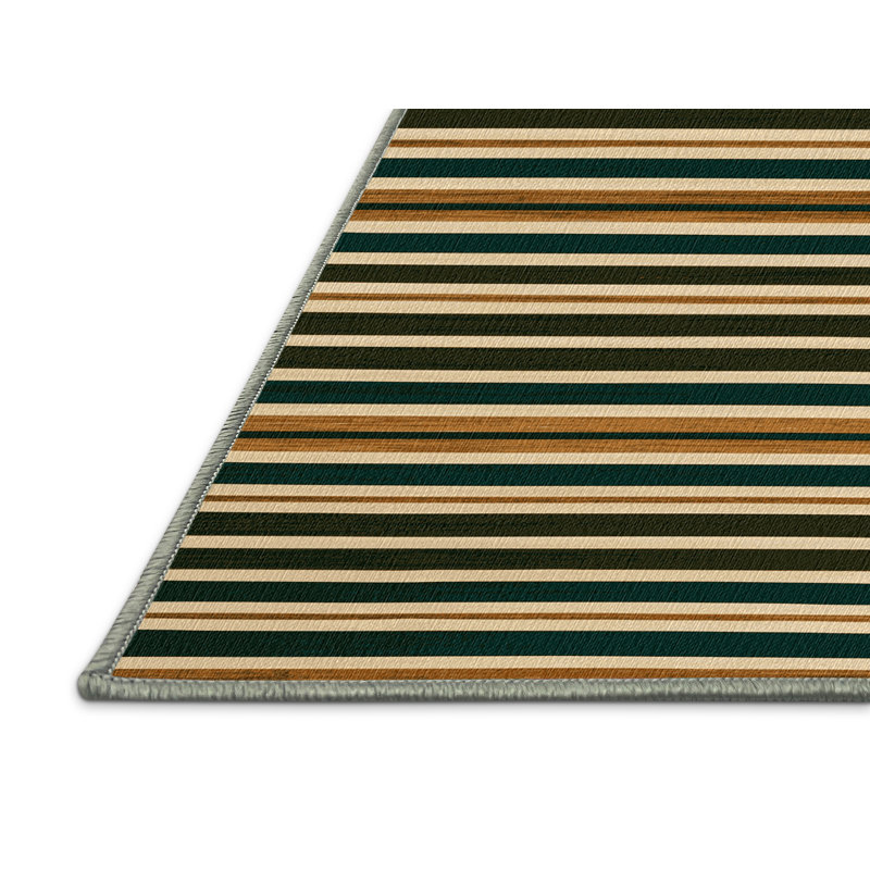 Washable Hunter Green Cream Striped Area Rug, Square 7'